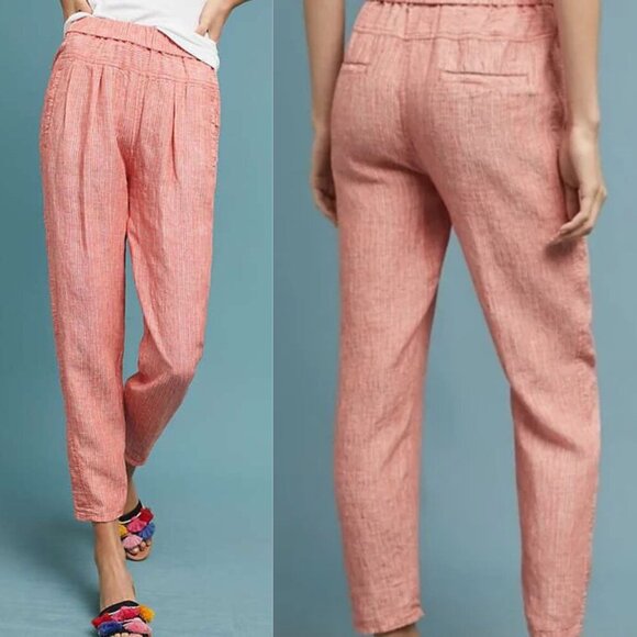 Anthropologie Coral Pink White Striped Linen Pull-On Pants 20242 - Picture 1 of 15